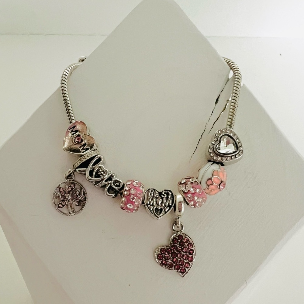 Mom Charm Bracelet Pink Silver Tone Best Mom Heart Love Gift - Picture 2 of 4